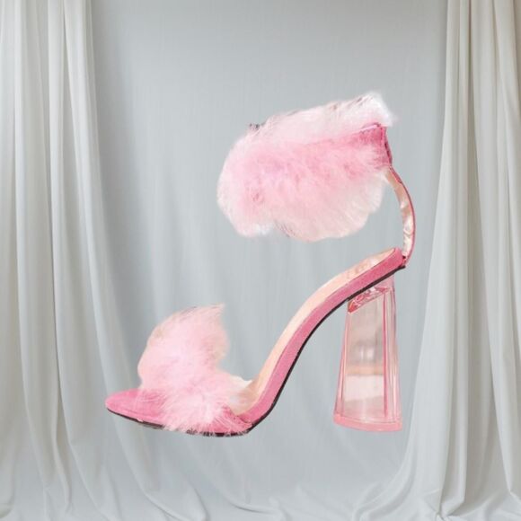 Light Pink Feather Fluffy Wrap Around Heart Block High Heels EU 37 / US 6.5 - Picture 2 of 7